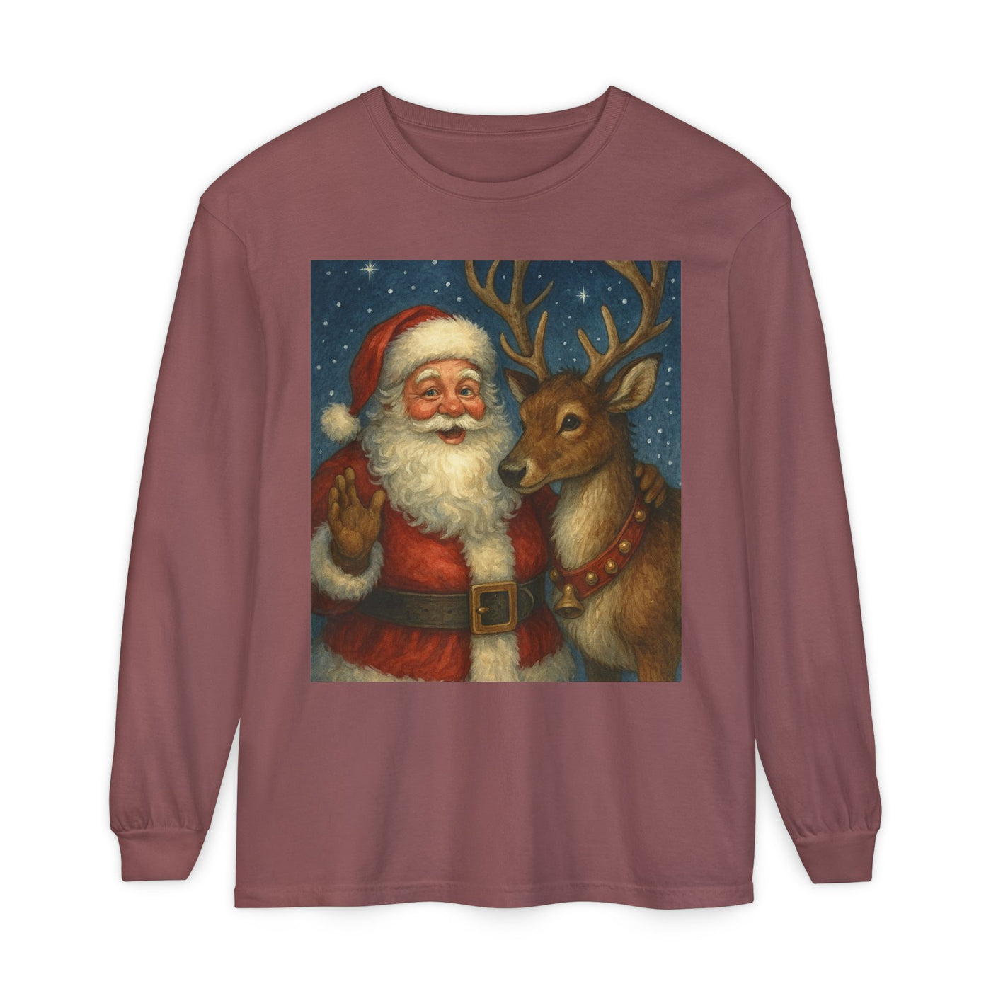 Santa & Reindeer Vintage Christmas Long Sleeve Tee