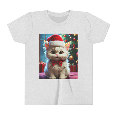 Christmas Cat Youth Tee, Holiday T-Shirt, Cute Kitten Shirt, Kids Christmas Gift, Festive Apparel