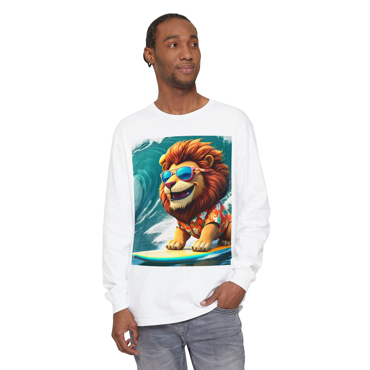 Surfing Lion Long Sleeve T-Shirt, Casual Beachwear, Cool Animal Tee, Gift for Animal Lovers, Summer Graphic Shirt