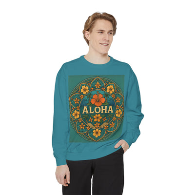 Aloha Floral Sweatshirt, Unisex Garment-Dyed Crewneck, Cozy Beach Vibes, Gift for Friends, Tropical Style Apparel, Casual Everyday Wear