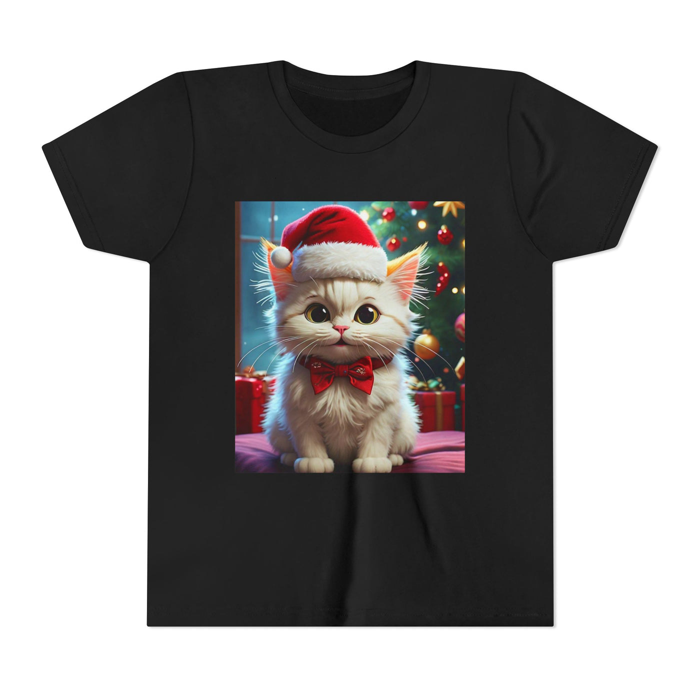 Christmas Cat Youth Tee, Holiday T-Shirt, Cute Kitten Shirt, Kids Christmas Gift, Festive Apparel