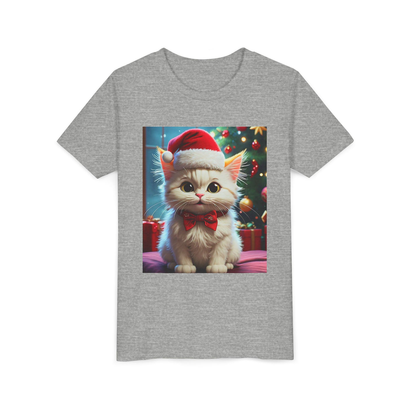 Christmas Cat Youth Tee, Holiday T-Shirt, Cute Kitten Shirt, Kids Christmas Gift, Festive Apparel