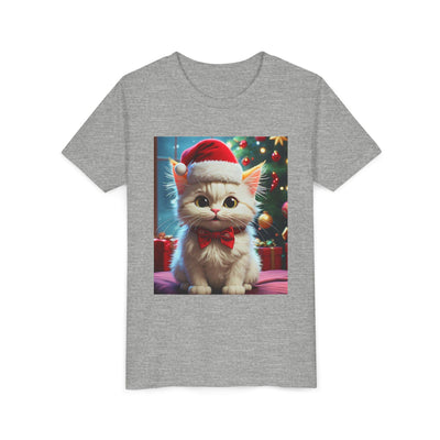 Christmas Cat Youth Tee, Holiday T-Shirt, Cute Kitten Shirt, Kids Christmas Gift, Festive Apparel