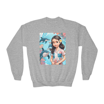 Dolphin Girl Youth Crewneck Sweatshirt — Cute Island Girl Graphic