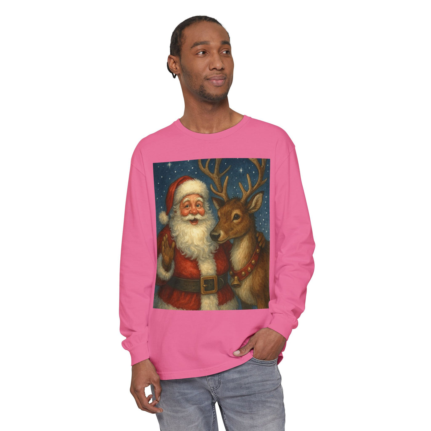 Santa & Reindeer Vintage Christmas Long Sleeve Tee