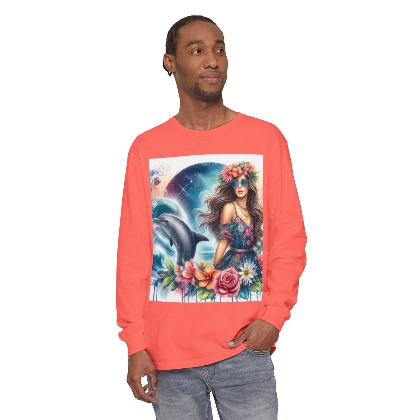 Dolphin Dream Long Sleeve Tee, Boho Style Shirt, Ocean Lover Gift, Beach Party Outfit, Casual Wear, Floral Graphic Tee