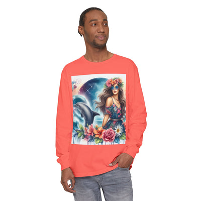 Dolphin Dream Long Sleeve Tee, Boho Style Shirt, Ocean Lover Gift, Beach Party Outfit, Casual Wear, Floral Graphic Tee