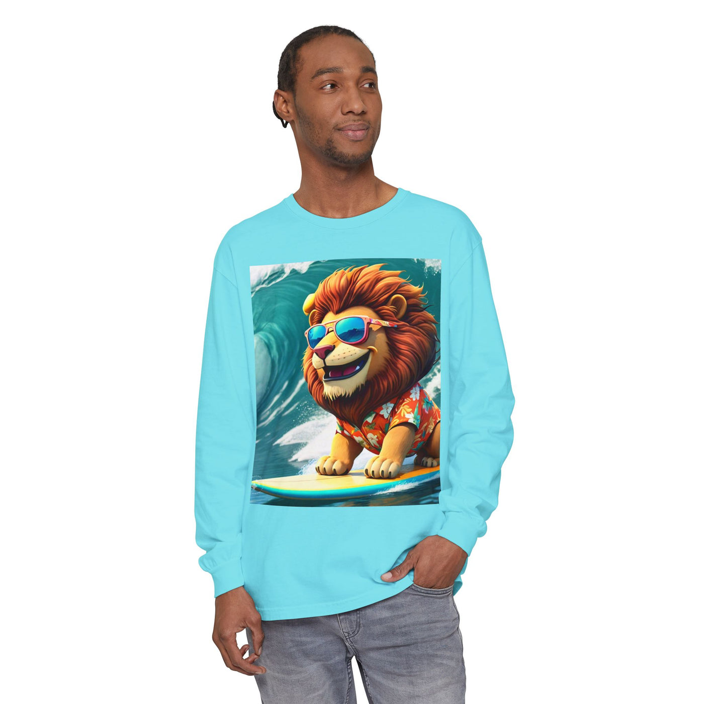 Surfing Lion Long Sleeve T-Shirt, Casual Beachwear, Cool Animal Tee, Gift for Animal Lovers, Summer Graphic Shirt