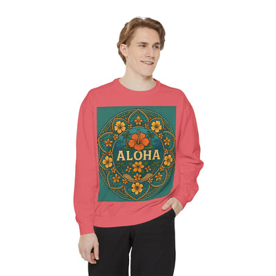 Aloha Floral Sweatshirt, Unisex Garment-Dyed Crewneck, Cozy Beach Vibes, Gift for Friends, Tropical Style Apparel, Casual Everyday Wear