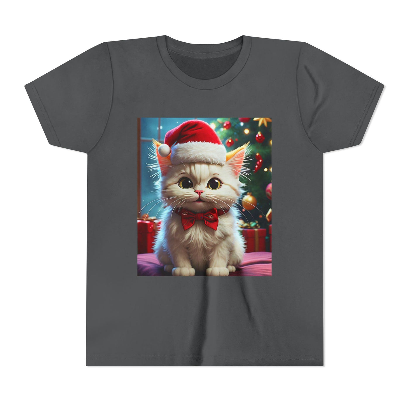 Christmas Cat Youth Tee, Holiday T-Shirt, Cute Kitten Shirt, Kids Christmas Gift, Festive Apparel