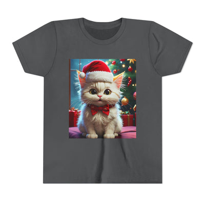 Christmas Cat Youth Tee, Holiday T-Shirt, Cute Kitten Shirt, Kids Christmas Gift, Festive Apparel
