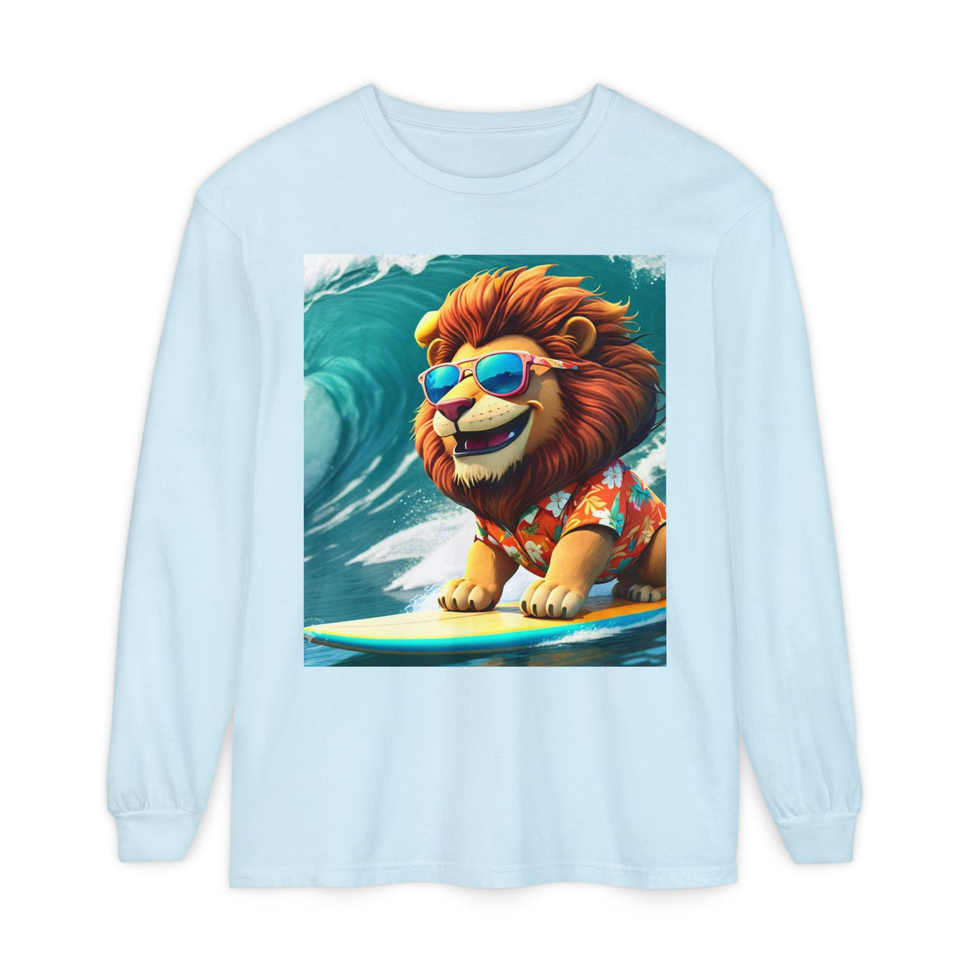 Surfing Lion Long Sleeve T-Shirt, Casual Beachwear, Cool Animal Tee, Gift for Animal Lovers, Summer Graphic Shirt