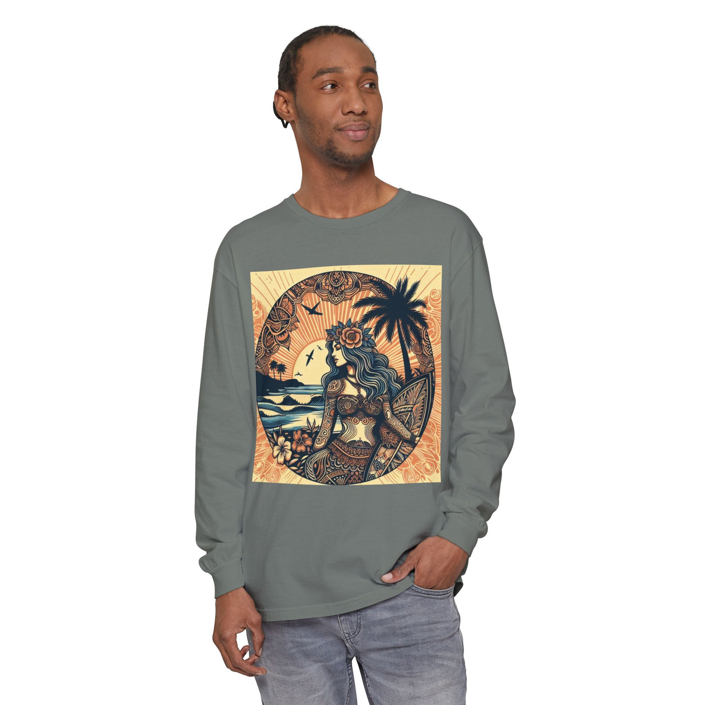 Surf Goddess Long Sleeve T-Shirt — Vintage Tropical Beach Design