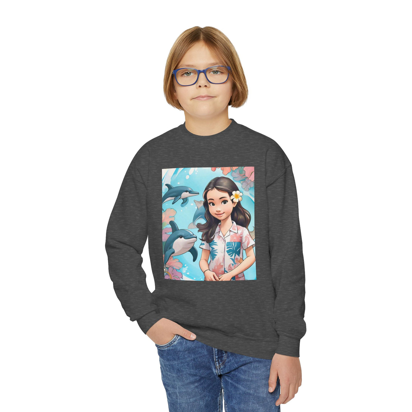 Dolphin Girl Youth Crewneck Sweatshirt — Cute Island Girl Graphic
