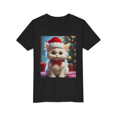 Christmas Cat Youth Tee, Holiday T-Shirt, Cute Kitten Shirt, Kids Christmas Gift, Festive Apparel