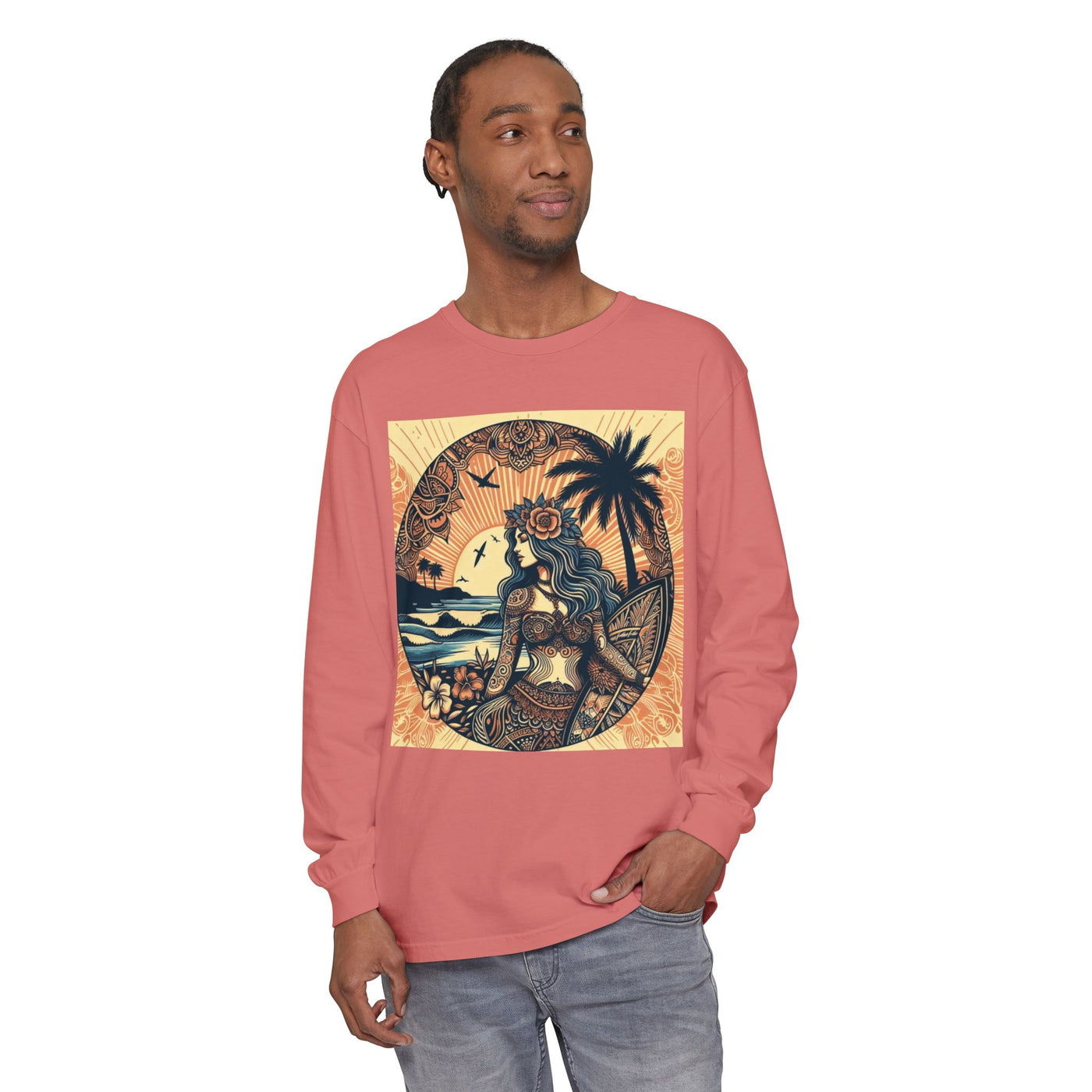 Surf Goddess Long Sleeve T-Shirt — Vintage Tropical Beach Design
