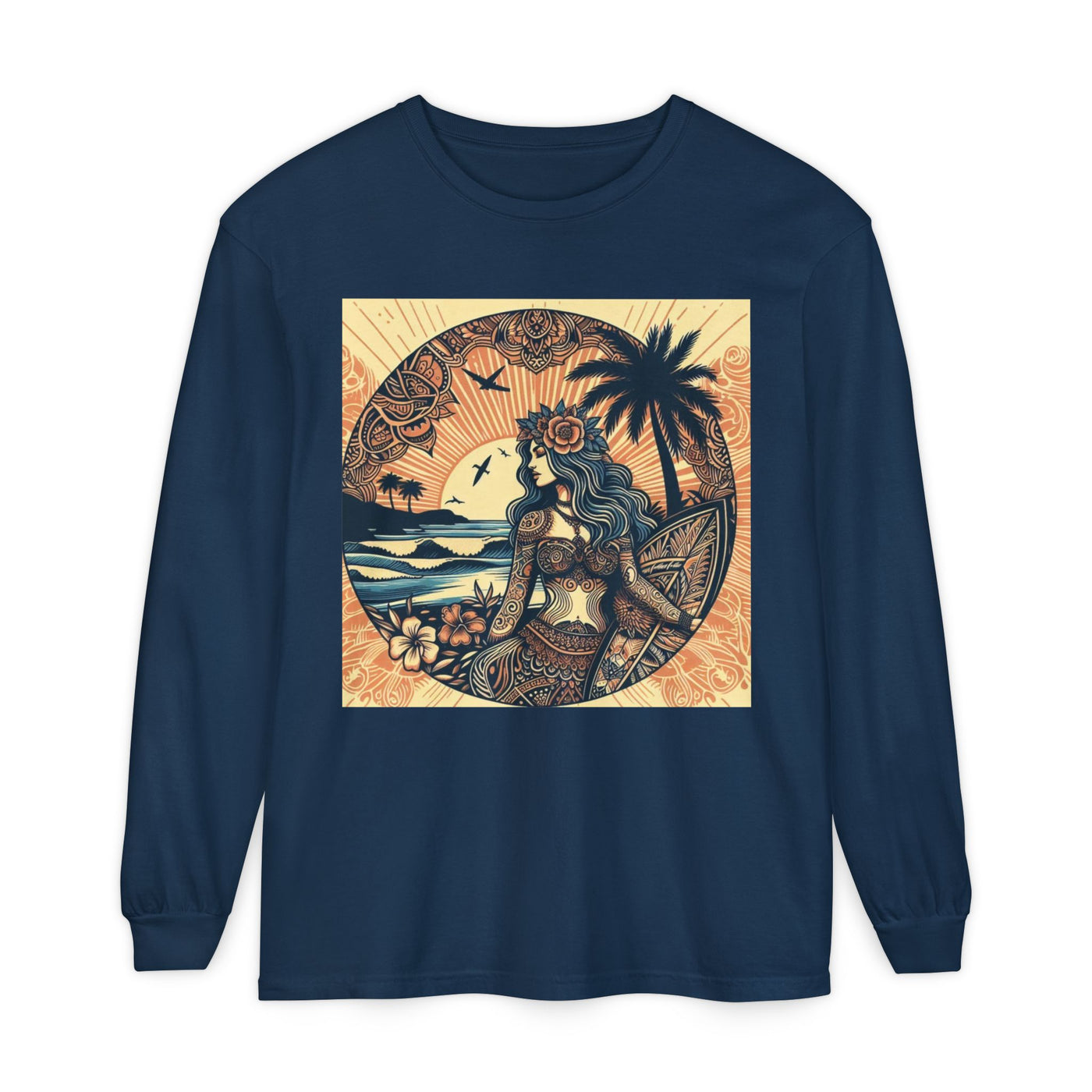 Surf Goddess Long Sleeve T-Shirt — Vintage Tropical Beach Design