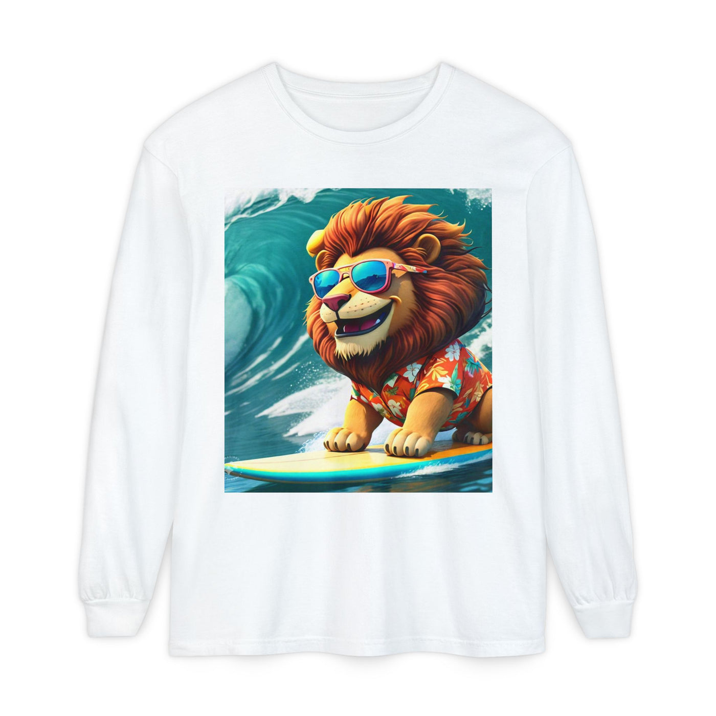 Surfing Lion Long Sleeve T-Shirt, Casual Beachwear, Cool Animal Tee, Gift for Animal Lovers, Summer Graphic Shirt