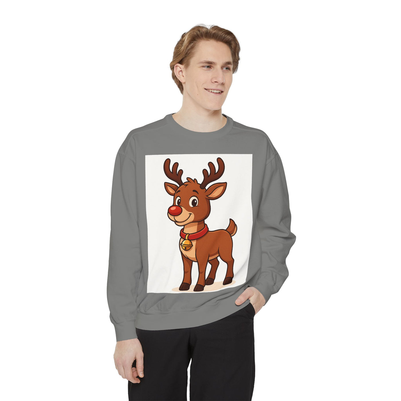 Reindeer Graphic Sweatshirt – Cute Cartoon Rudolph Christmas Pullover