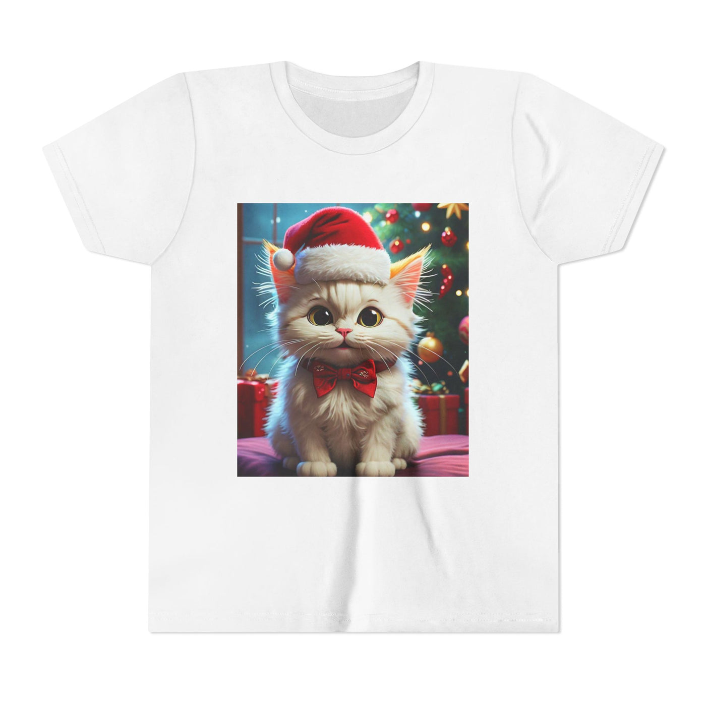 Christmas Cat Youth Tee, Holiday T-Shirt, Cute Kitten Shirt, Kids Christmas Gift, Festive Apparel