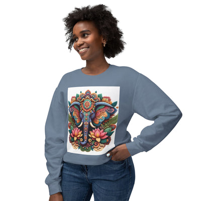 Colorful Elephant Design Lightweight Sweatshirt, Cozy Crewneck, Bohemian Style, Perfect for Festivals, Everyday Wear, Unique Gift