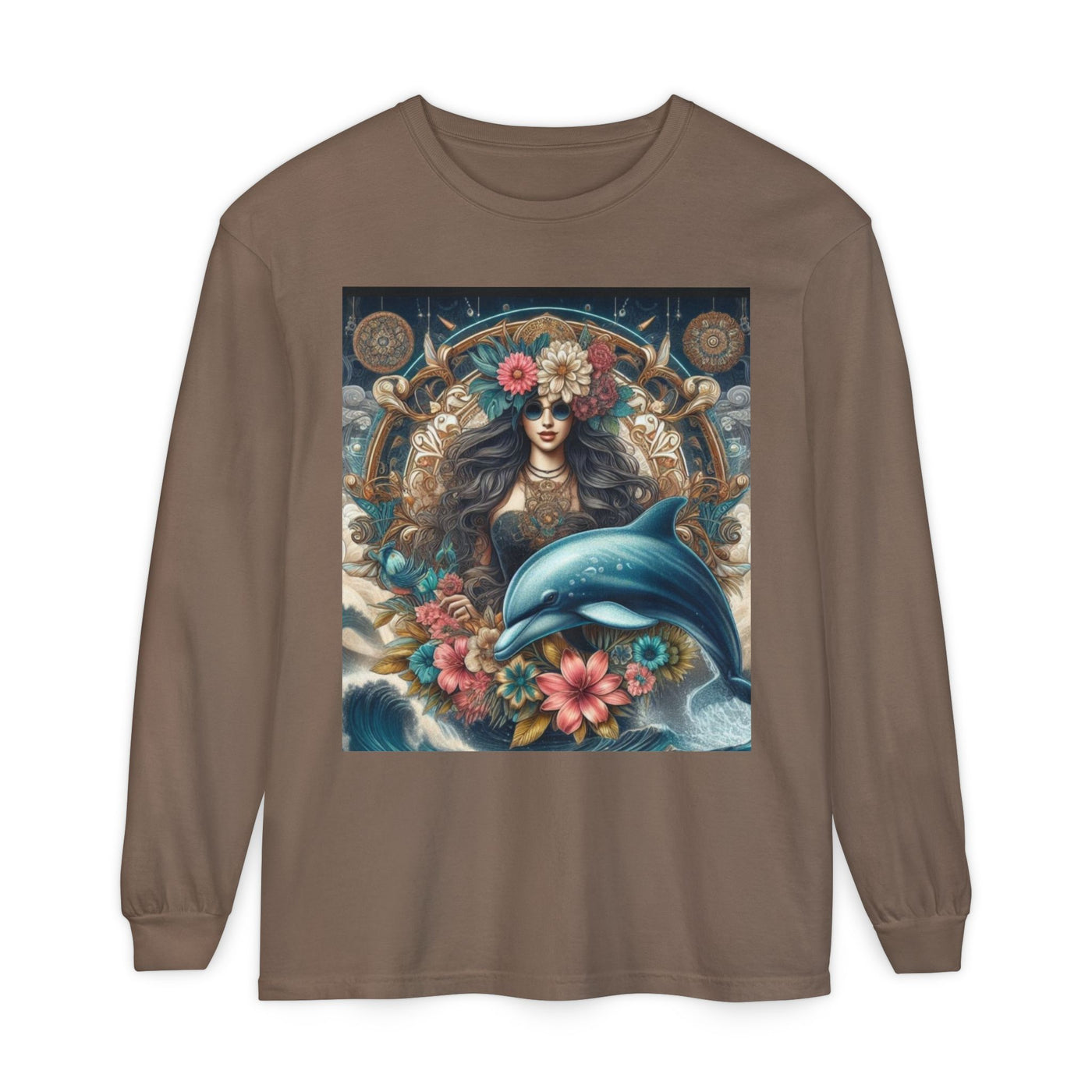 Bohemian Dolphin Art Long Sleeve T-Shirt, Tropical Tees, Casual Wear, Gifts for Nature Lovers, Eco-Friendly Apparel, Summer Vibes