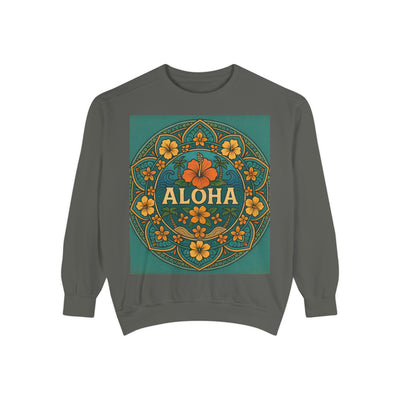 Aloha Floral Sweatshirt, Unisex Garment-Dyed Crewneck, Cozy Beach Vibes, Gift for Friends, Tropical Style Apparel, Casual Everyday Wear
