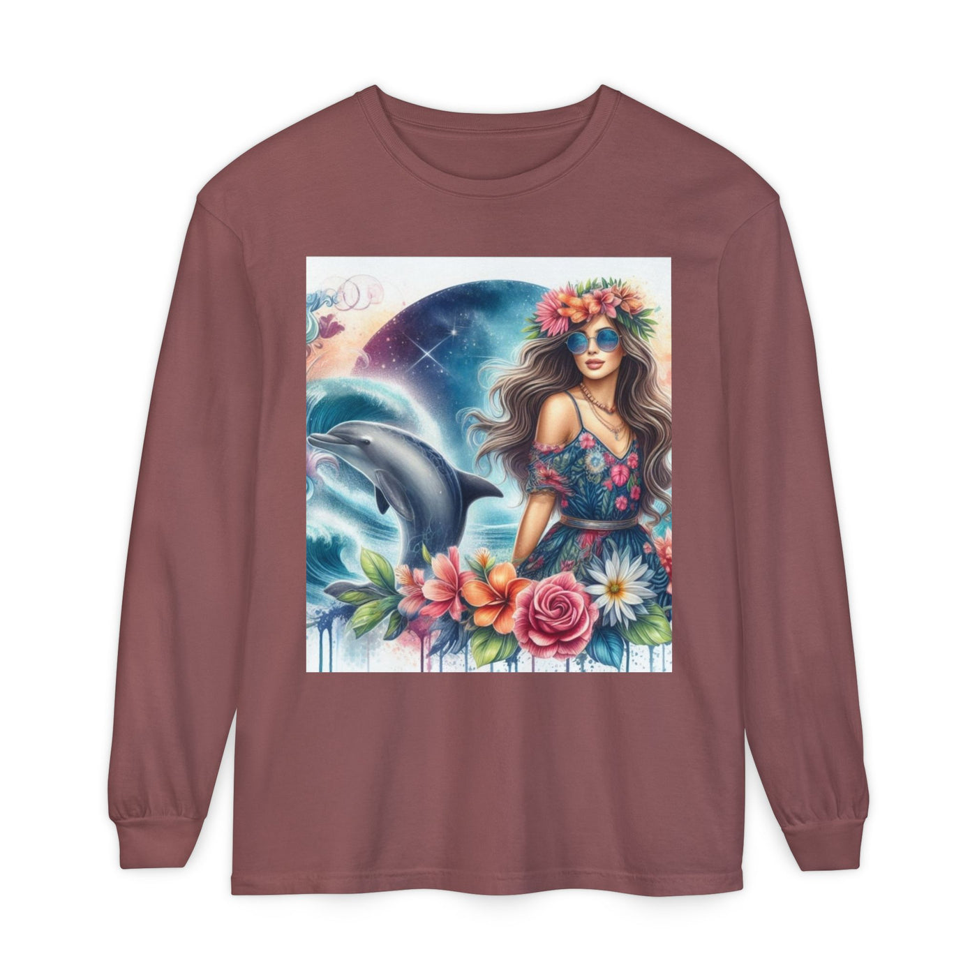 Dolphin Dream Long Sleeve Tee, Boho Style Shirt, Ocean Lover Gift, Beach Party Outfit, Casual Wear, Floral Graphic Tee