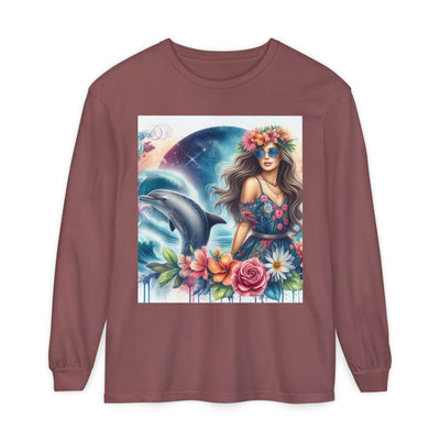 Dolphin Dream Long Sleeve Tee, Boho Style Shirt, Ocean Lover Gift, Beach Party Outfit, Casual Wear, Floral Graphic Tee