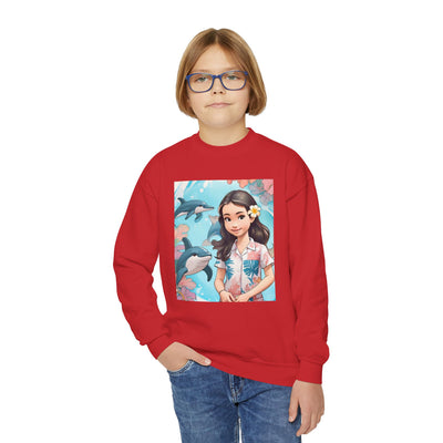 Dolphin Girl Youth Crewneck Sweatshirt — Cute Island Girl Graphic