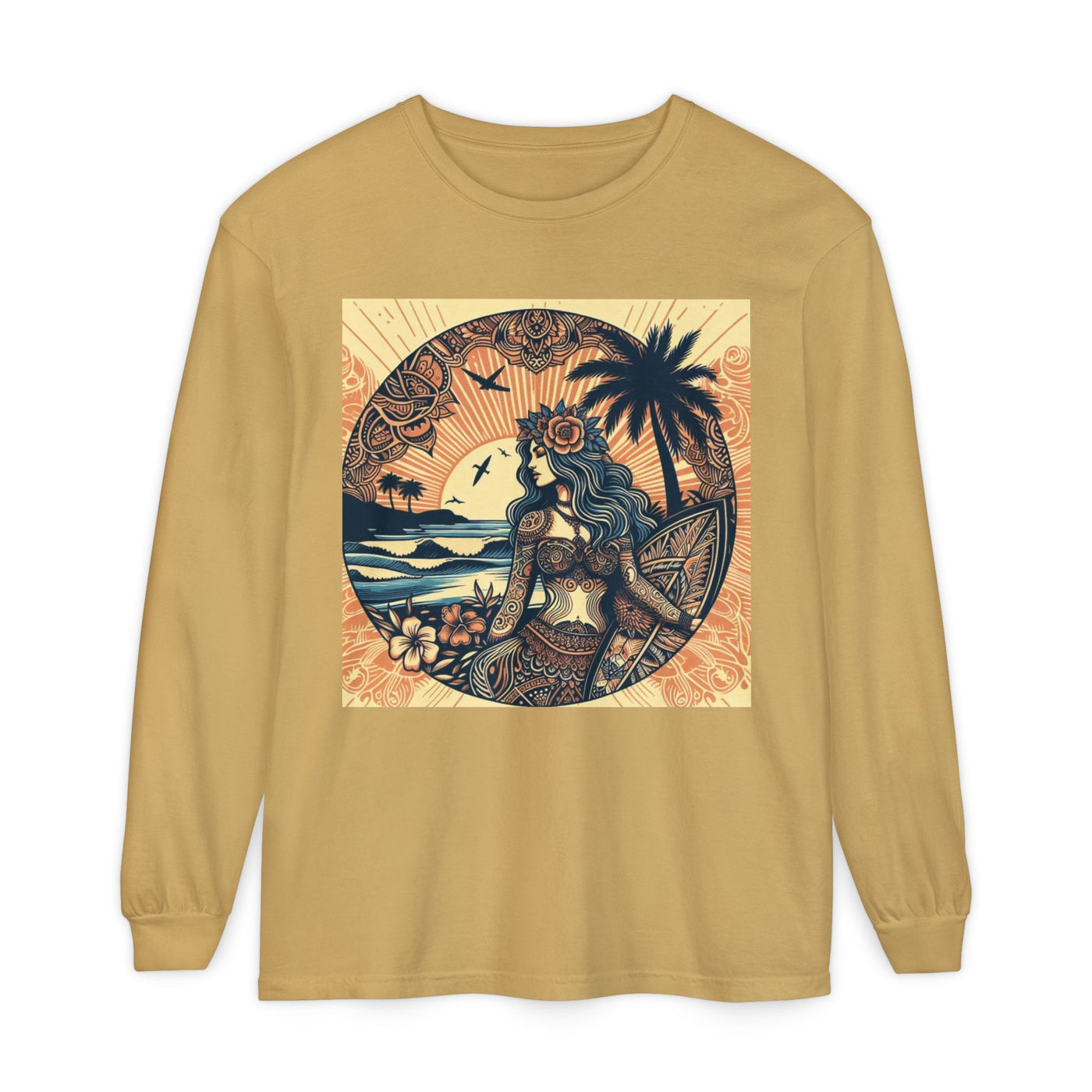 Surf Goddess Long Sleeve T-Shirt — Vintage Tropical Beach Design
