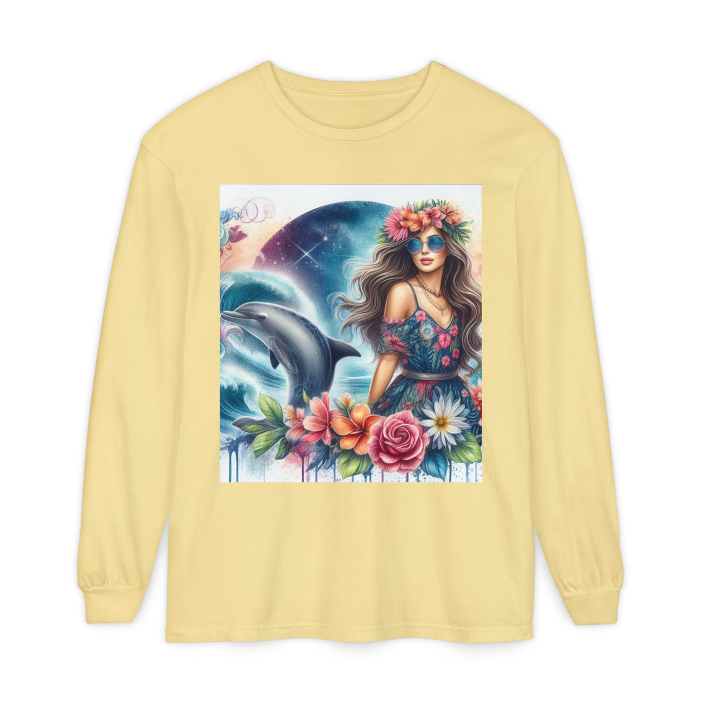 Dolphin Dream Long Sleeve Tee, Boho Style Shirt, Ocean Lover Gift, Beach Party Outfit, Casual Wear, Floral Graphic Tee