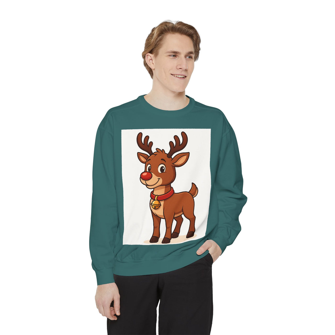 Reindeer Graphic Sweatshirt – Cute Cartoon Rudolph Christmas Pullover