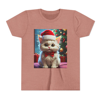 Christmas Cat Youth Tee, Holiday T-Shirt, Cute Kitten Shirt, Kids Christmas Gift, Festive Apparel