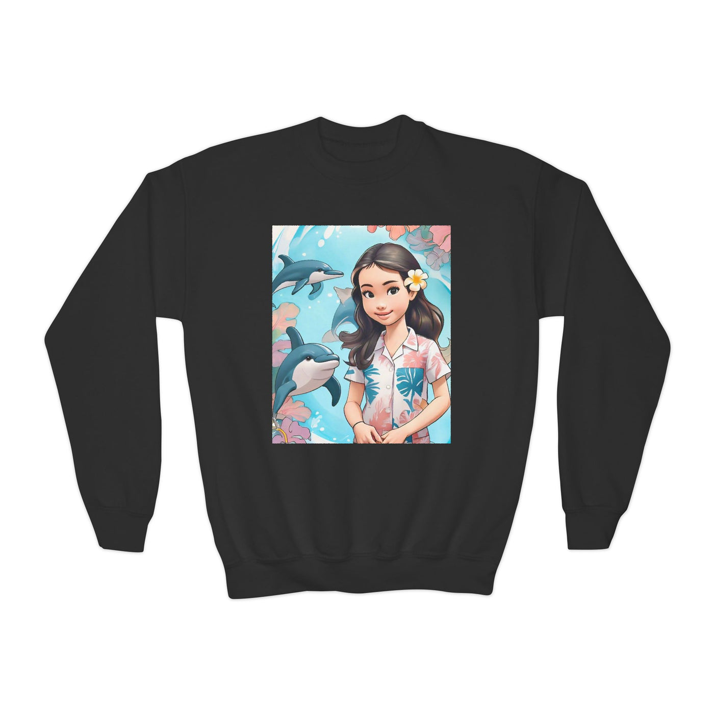 Dolphin Girl Youth Crewneck Sweatshirt — Cute Island Girl Graphic