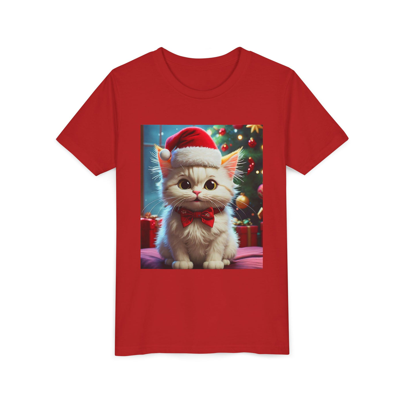 Christmas Cat Youth Tee, Holiday T-Shirt, Cute Kitten Shirt, Kids Christmas Gift, Festive Apparel