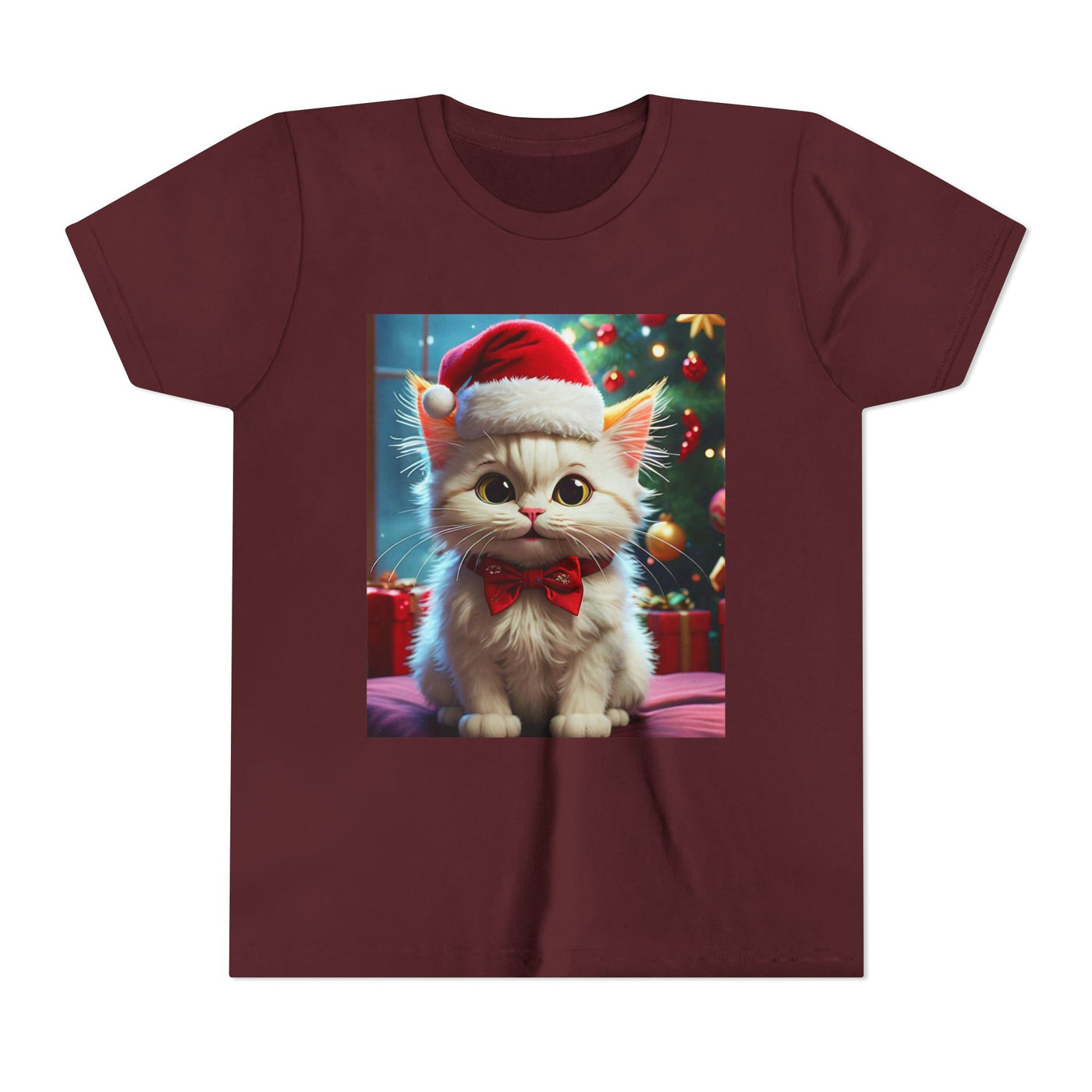 Christmas Cat Youth Tee, Holiday T-Shirt, Cute Kitten Shirt, Kids Christmas Gift, Festive Apparel