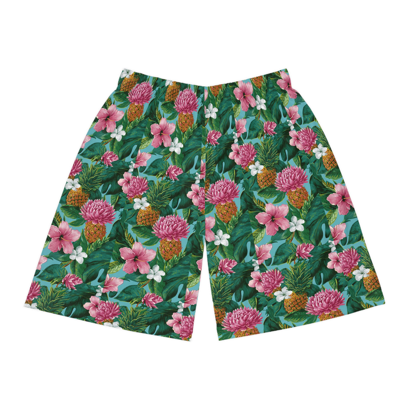 Tropical Floral Basketball Shorts — Pineapple & Hibiscus All-Over Print