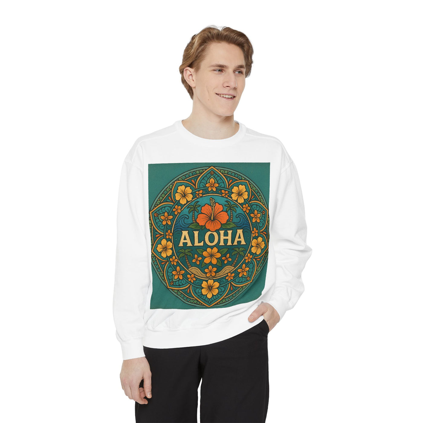 Aloha Floral Sweatshirt, Unisex Garment-Dyed Crewneck, Cozy Beach Vibes, Gift for Friends, Tropical Style Apparel, Casual Everyday Wear