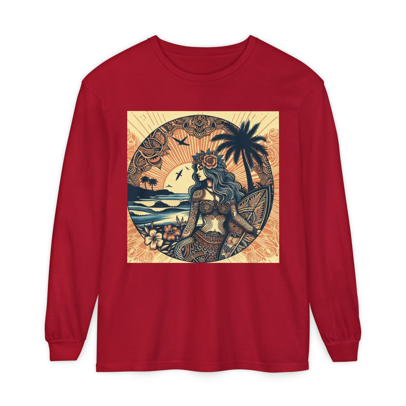 Surf Goddess Long Sleeve T-Shirt — Vintage Tropical Beach Design