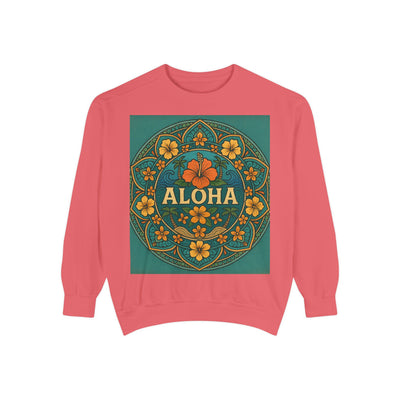 Aloha Floral Sweatshirt, Unisex Garment-Dyed Crewneck, Cozy Beach Vibes, Gift for Friends, Tropical Style Apparel, Casual Everyday Wear