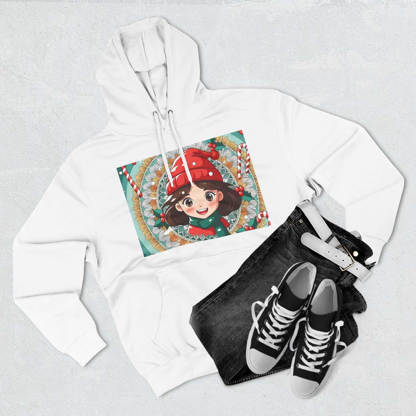 Cute Holiday Three-Panel Fleece Hoodie, Christmas Gift, Cozy Pullover, Winter Apparel, Kids Sweater, Cartoon Design