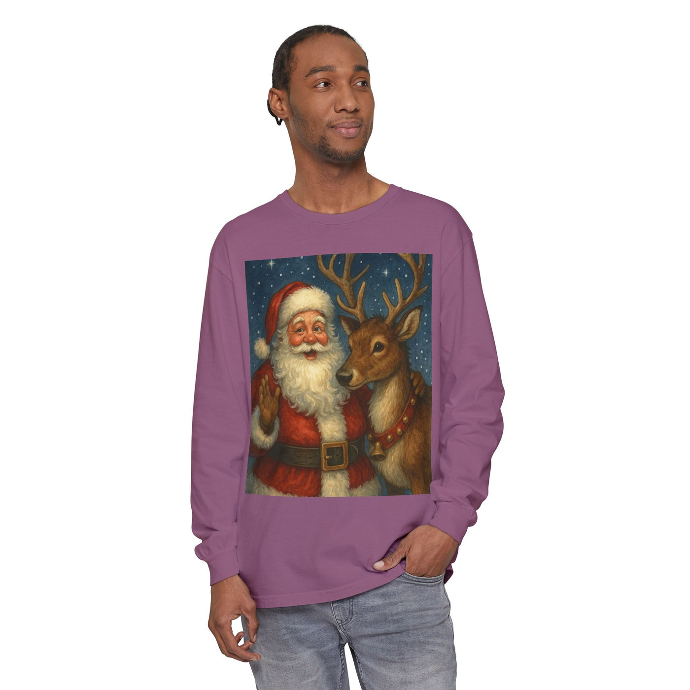 Santa & Reindeer Vintage Christmas Long Sleeve Tee