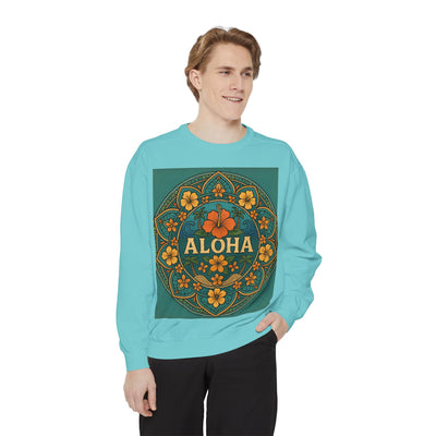 Aloha Floral Sweatshirt, Unisex Garment-Dyed Crewneck, Cozy Beach Vibes, Gift for Friends, Tropical Style Apparel, Casual Everyday Wear