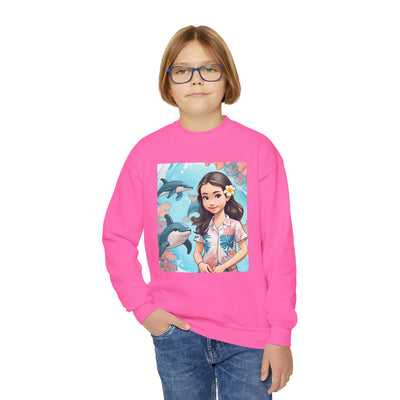 Dolphin Girl Youth Crewneck Sweatshirt — Cute Island Girl Graphic