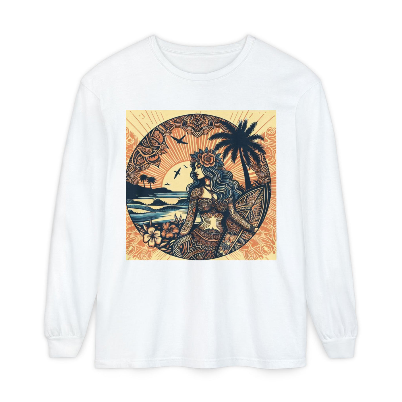 Surf Goddess Long Sleeve T-Shirt — Vintage Tropical Beach Design