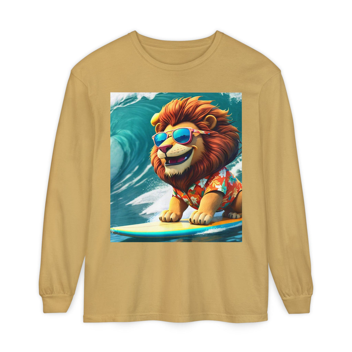 Surfing Lion Long Sleeve T-Shirt, Casual Beachwear, Cool Animal Tee, Gift for Animal Lovers, Summer Graphic Shirt