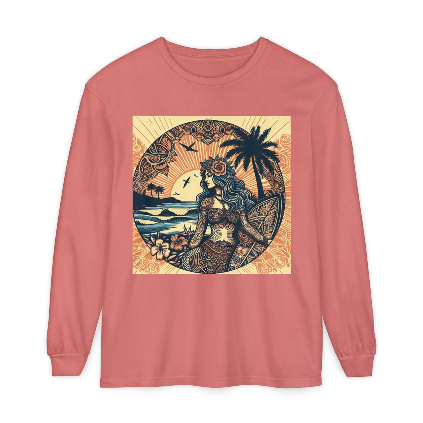 Surf Goddess Long Sleeve T-Shirt — Vintage Tropical Beach Design