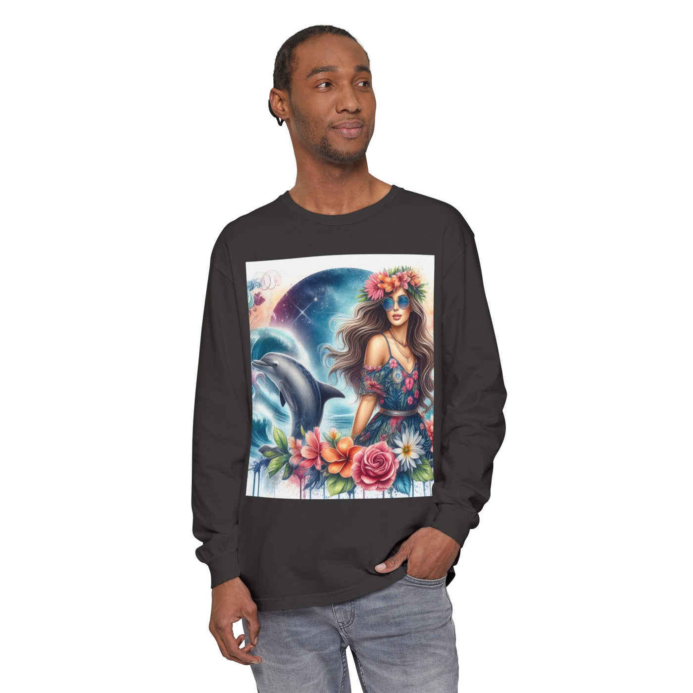 Dolphin Dream Long Sleeve Tee, Boho Style Shirt, Ocean Lover Gift, Beach Party Outfit, Casual Wear, Floral Graphic Tee