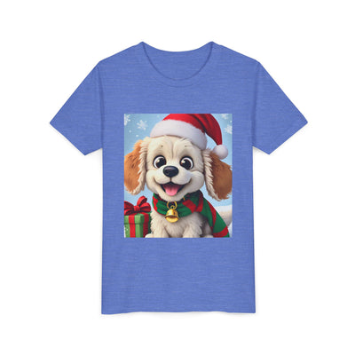 Cute Puppy Holiday Youth Short Sleeve Tee, Kids Christmas Gift, Dog Lover Shirt, Holiday Apparel, Fun Winter Wear